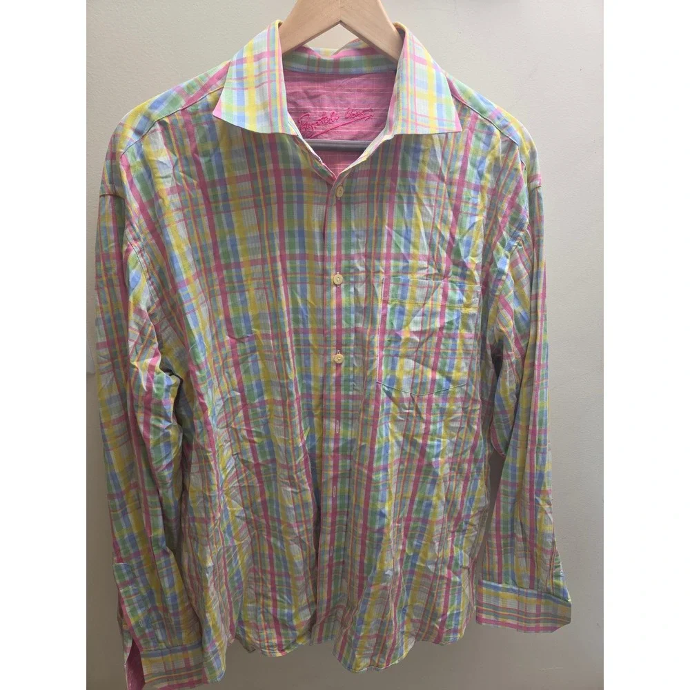 Bugatchi Uomo Mens Large Pastel Plaid Button Down Shirt Long Sleeve Cotton Multi